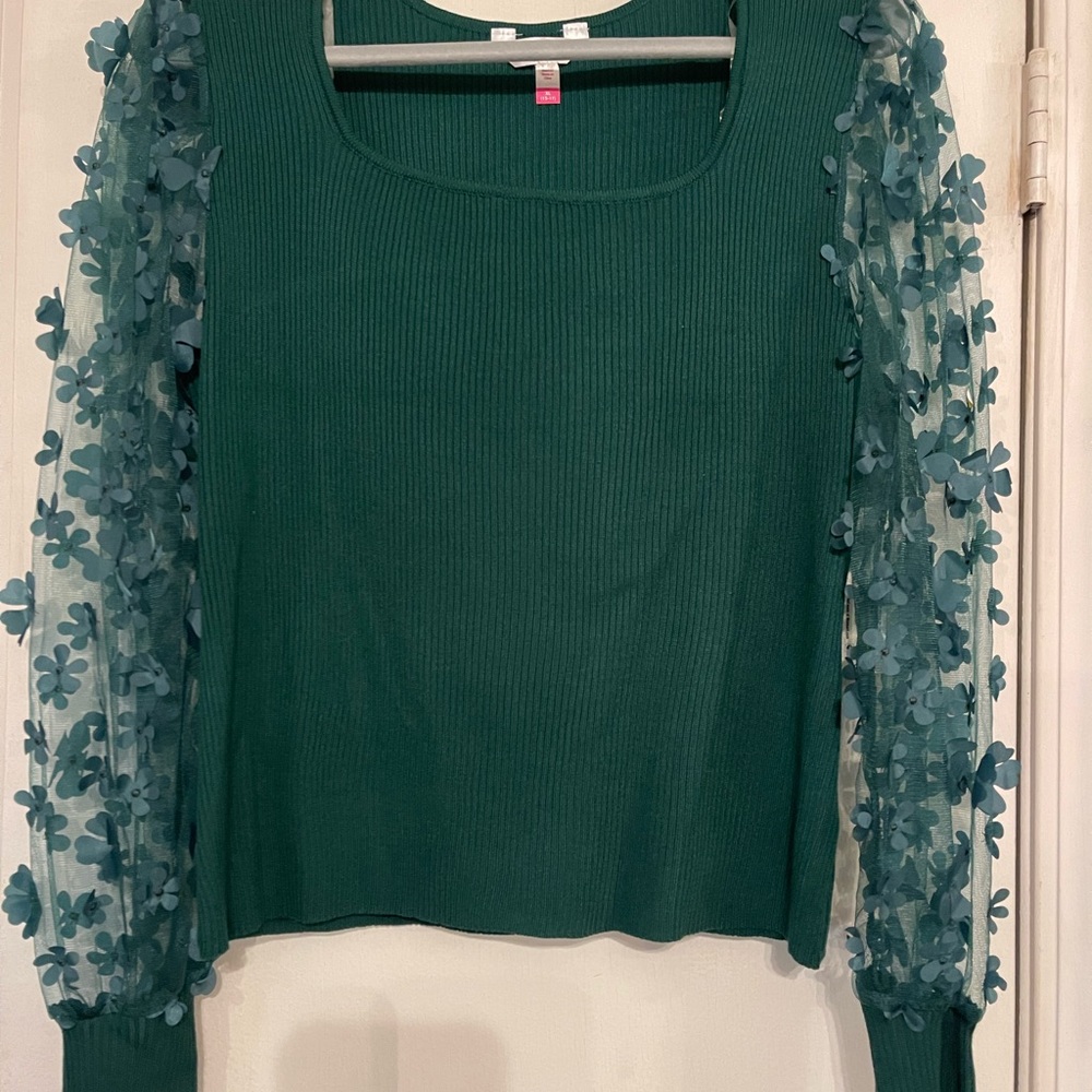 Dark Green Sweater with Chiffon Sleeves